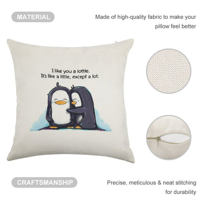 I Like You A Lottle Penguins Linen Throw Pillow Cover
