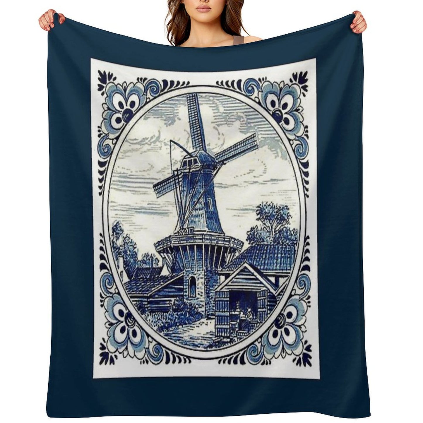 DUTCH BLUE DELFT  Vintage Windmill  Print Throw Blanket