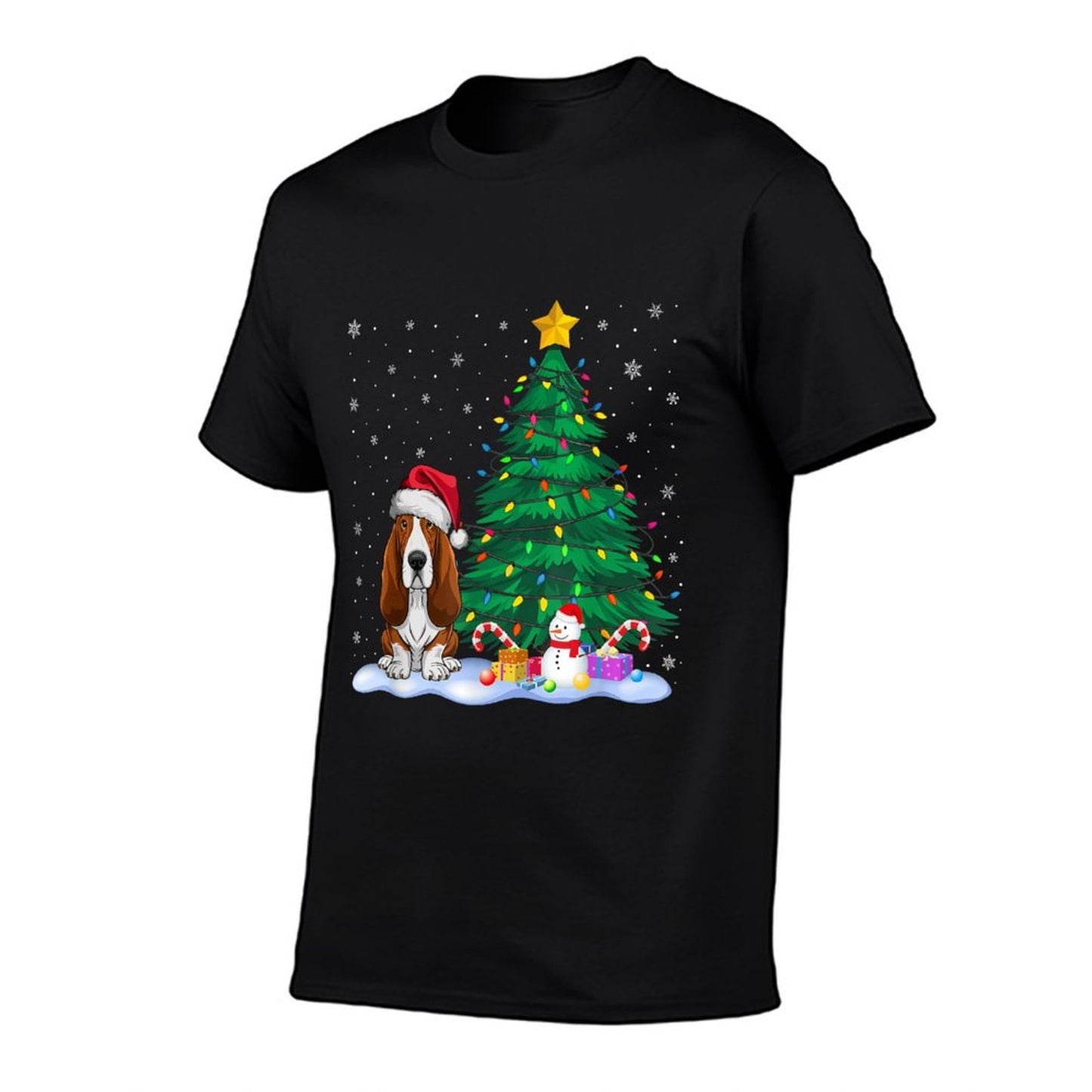 Basset Hound Dog Xmas Tree Lights Reindeer Hat Christmas for Men Women Kids  Trendy Pattern T-Shirt