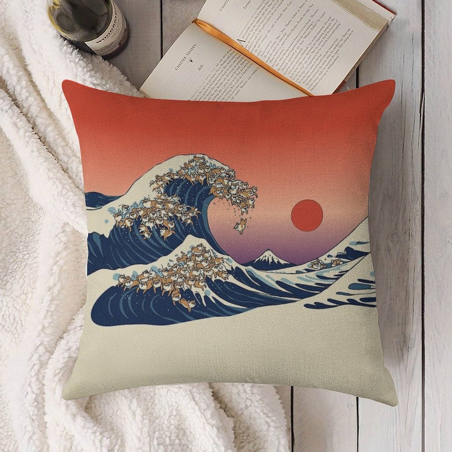 The Great Wave of Shiba Inu Linen Throw Pillow Cover