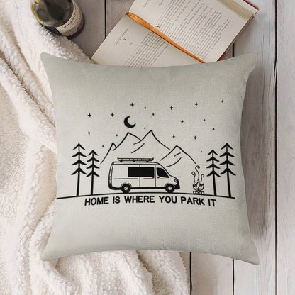 Home Is Where You Park It  Vanlife  Campervan  Camping  Outdoors  RV Linen Throw Pillow Cover