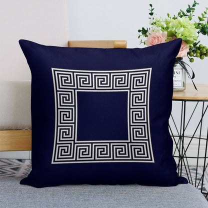 Navy Blue Greek Key Meander Square Linen Throw Pillow Cover