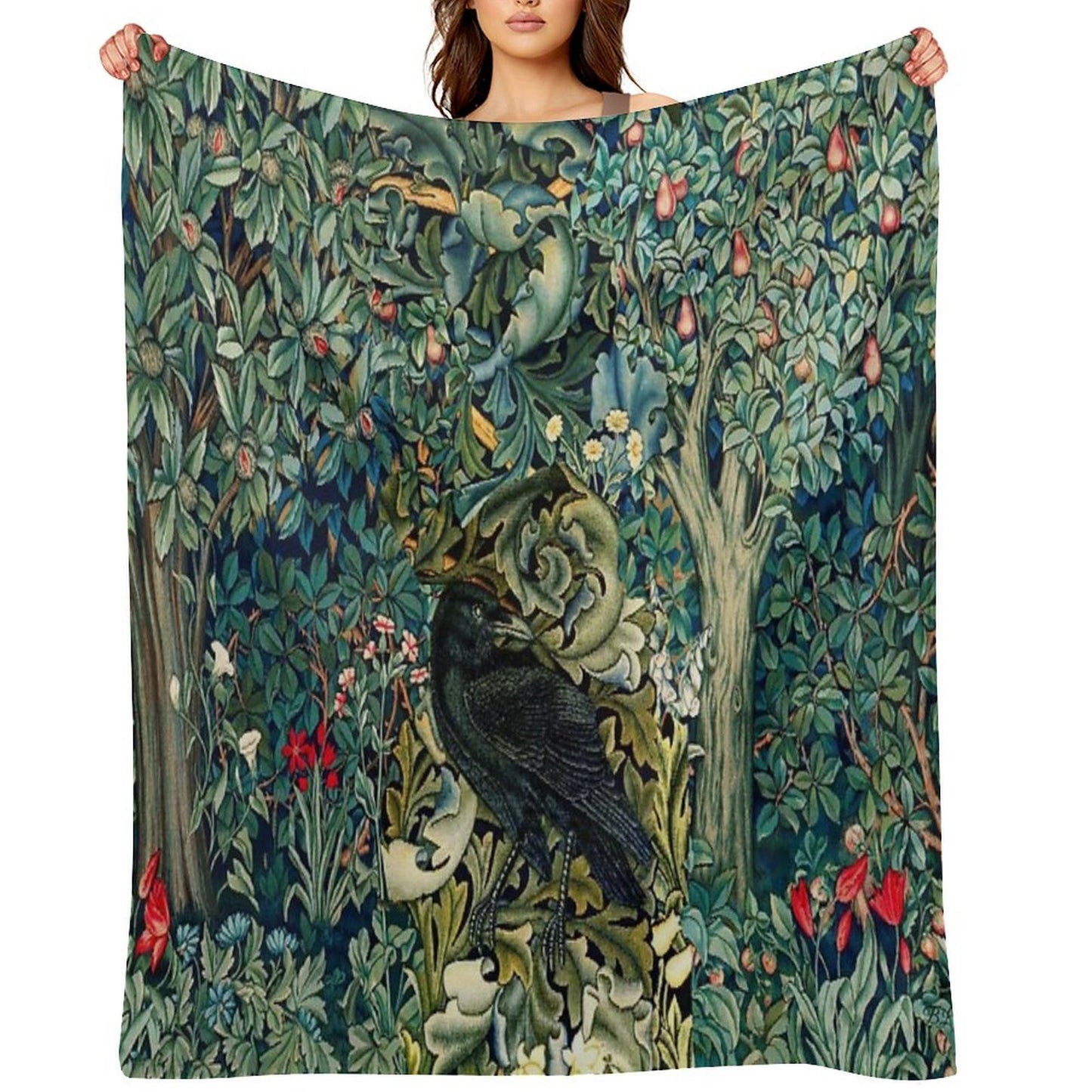 GREENERY, FOREST ANIMALS ,RAVEN ON ACANTHUS LEAVES Blue Green Floral Throw Blanket