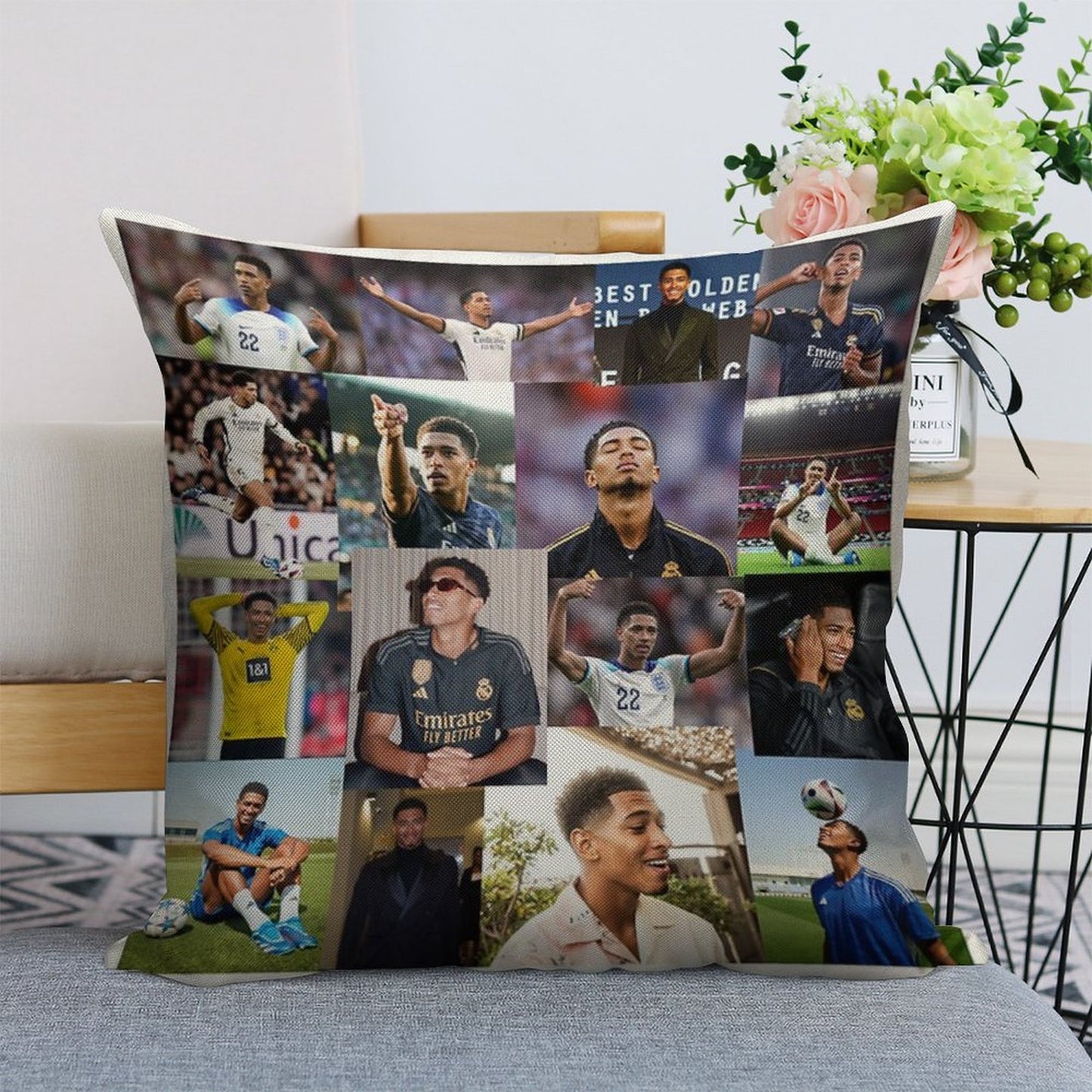 Jude Bellingham Collage Linen Throw Pillow Cover