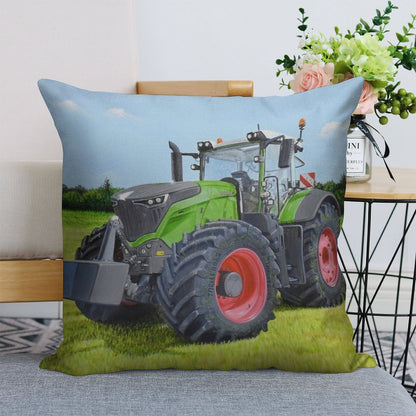 Green Tractor in Field Linen Throw Pillow Cover
