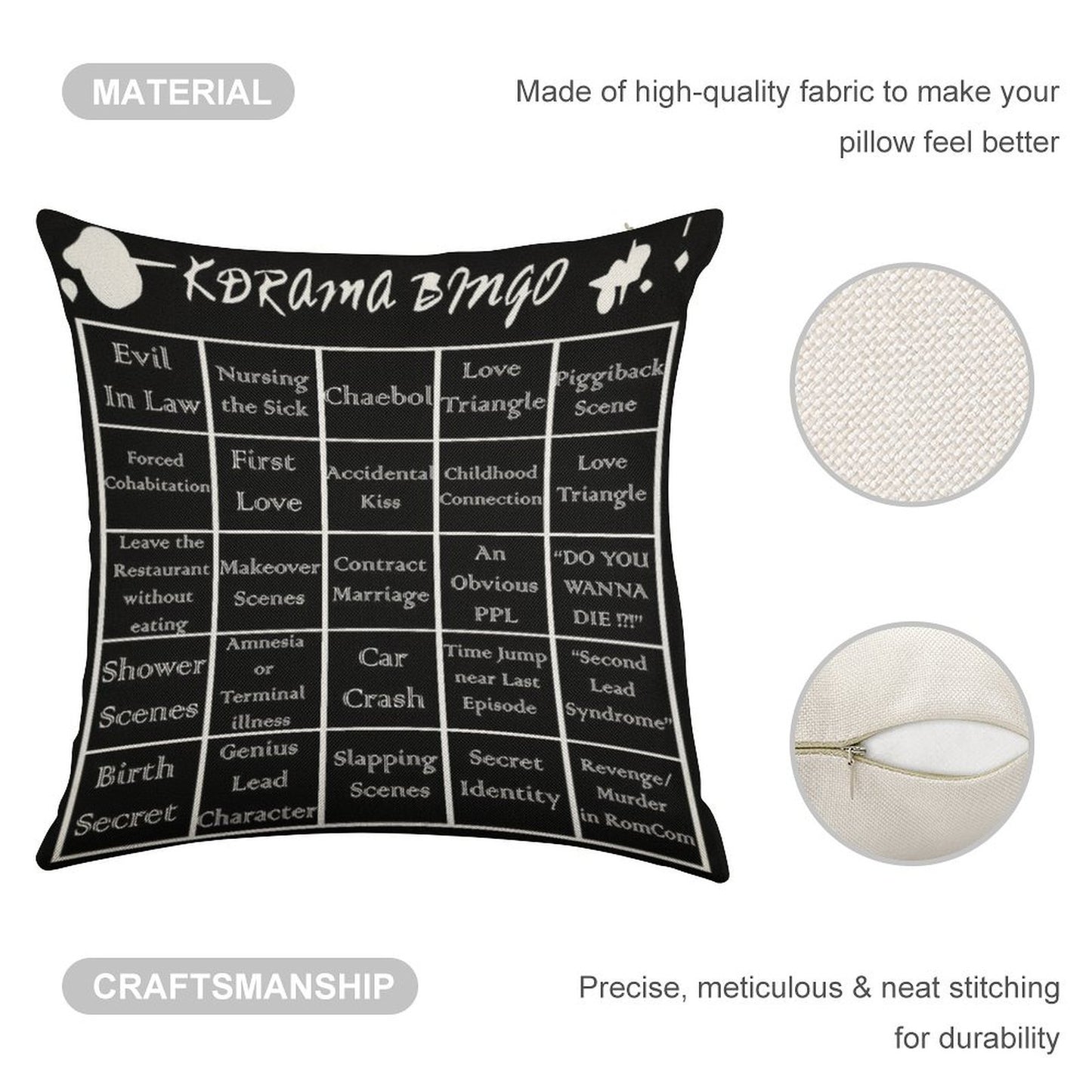 Korean Drama Bingo Linen Throw Pillow Cover