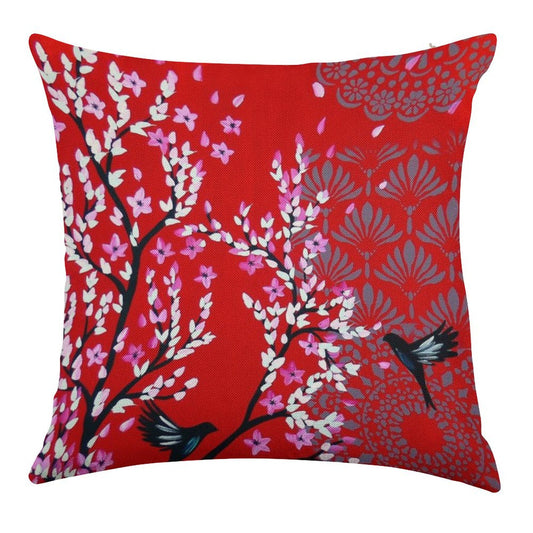 Red Cherry Blossom Linen Throw Pillow Cover