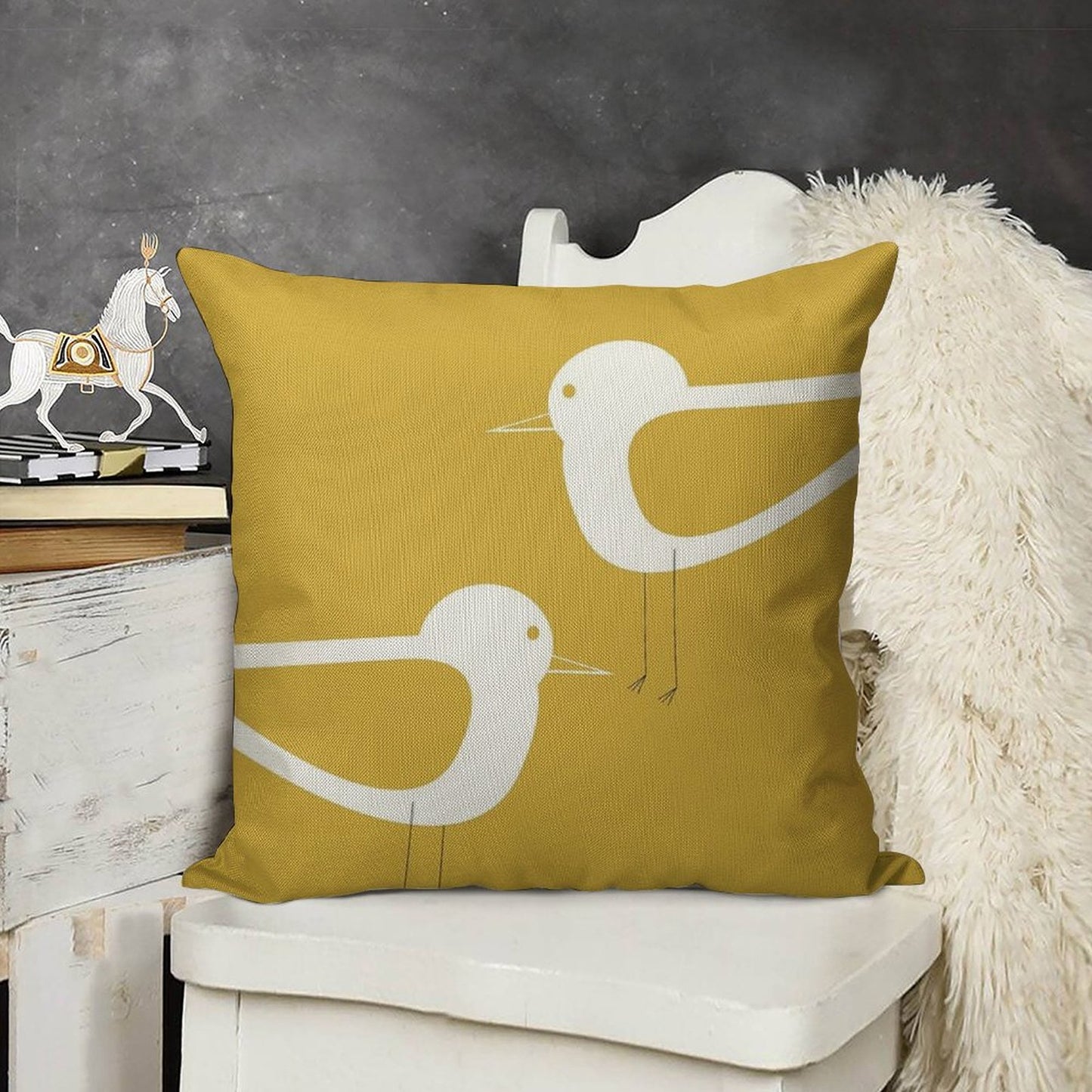 Shorebird Pair in Light Mustard Yellow And White. Minimalist. Clean. Cute. Coastal Linen Throw Pillow Cover