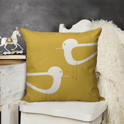 Shorebird Pair in Light Mustard Yellow And White. Minimalist. Clean. Cute. Coastal Linen Throw Pillow Cover