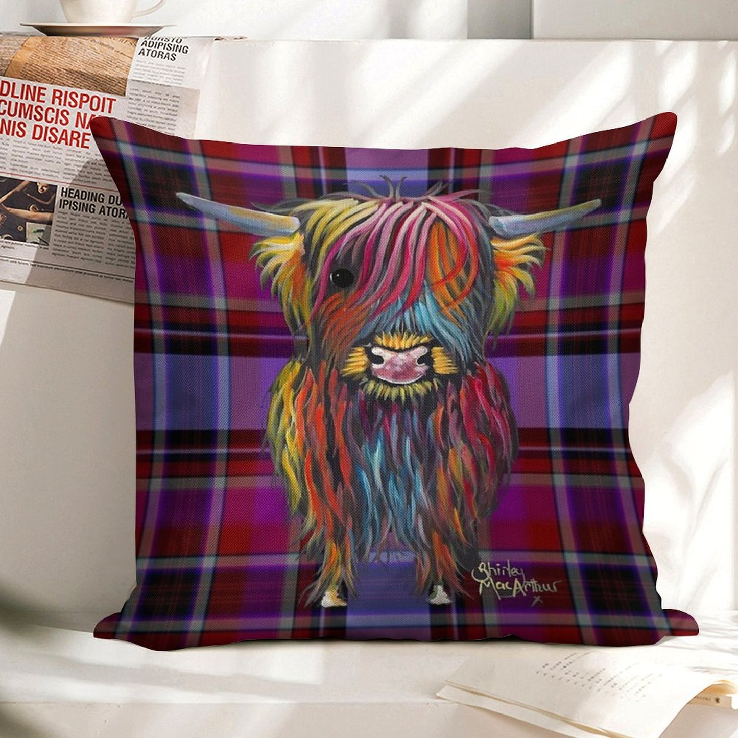 SCoTTiSH HiGHLaND CoW ' TaRTaN BRaVe ONe ' by SHiRLeY MacARTHuR Linen Throw Pillow Cover