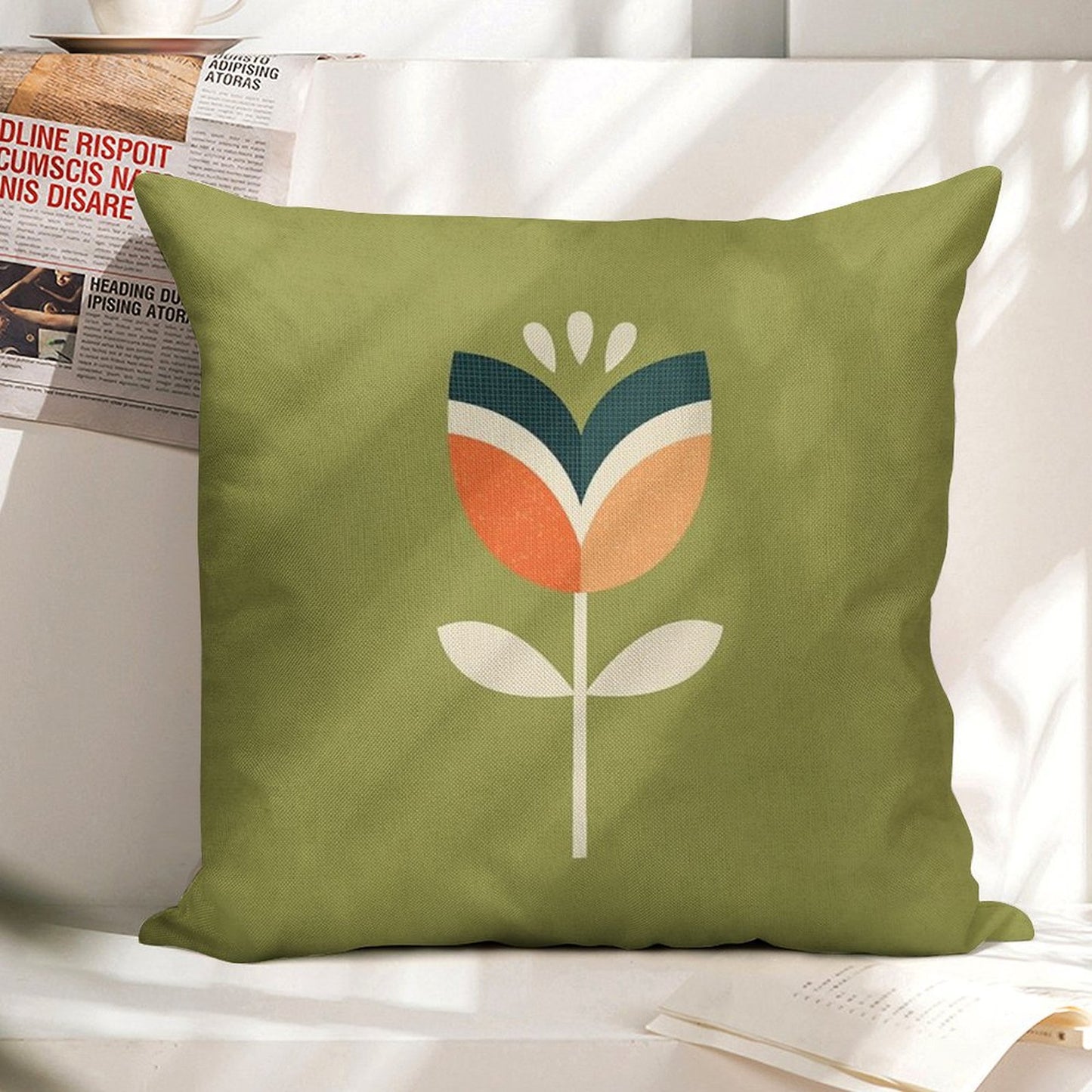 Retro Tulip - Orange And Olive Green Linen Throw Pillow Cover