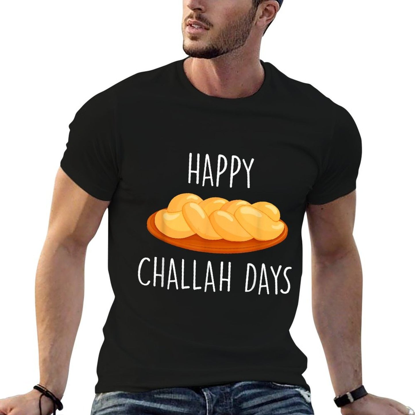 Happy Challah Days Hanukkah - Black, Small, Unisex-AdultsKids, Cotton 60 Polyester 40,, Classic Fit, Mandarin Collar, Modern,  Versatile T-Shirt
