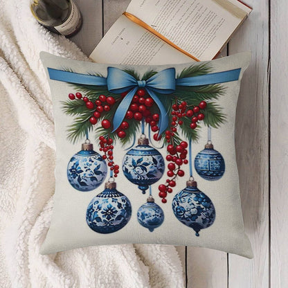 Chinoiserie Christmas Holiday. Blue And White Linen Throw Pillow Cover