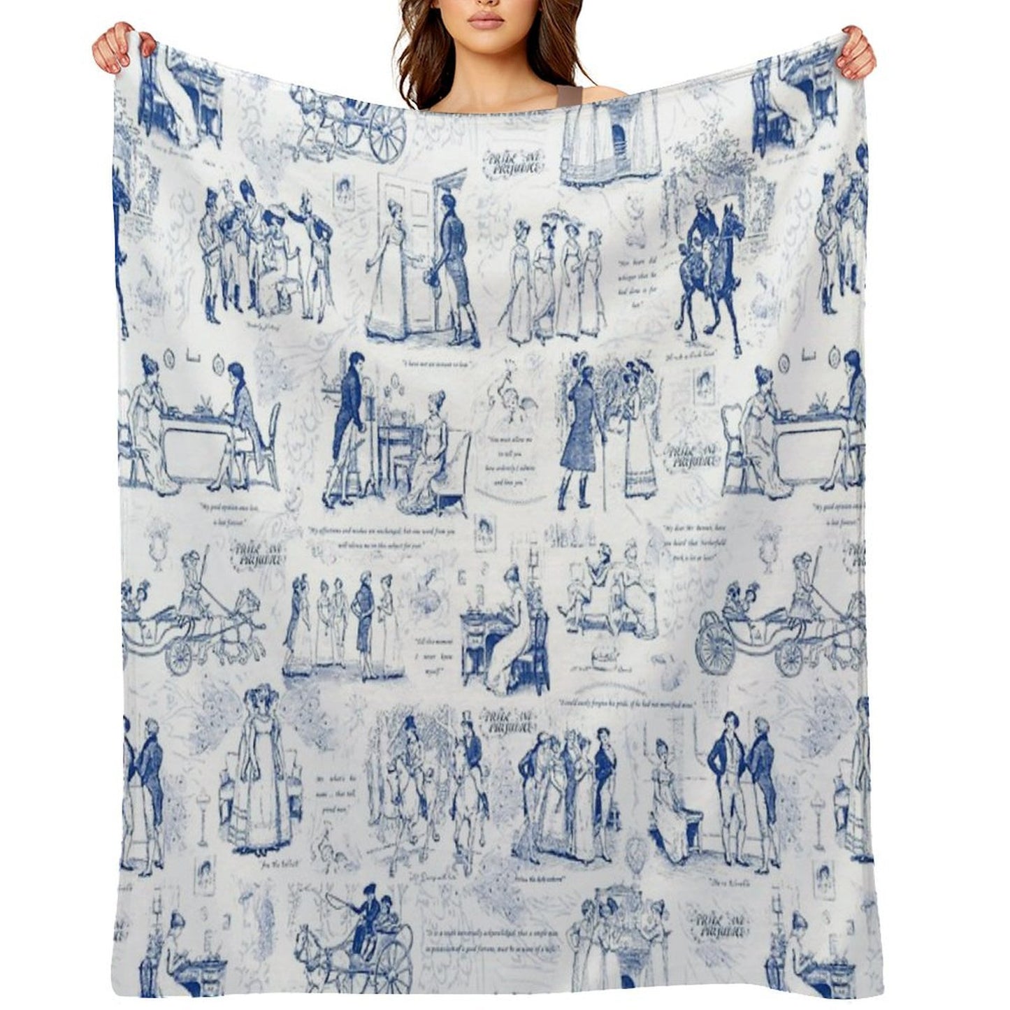 Pride And Prejudice Blue Toile Illustrations Quotes Pattern Throw Blanket