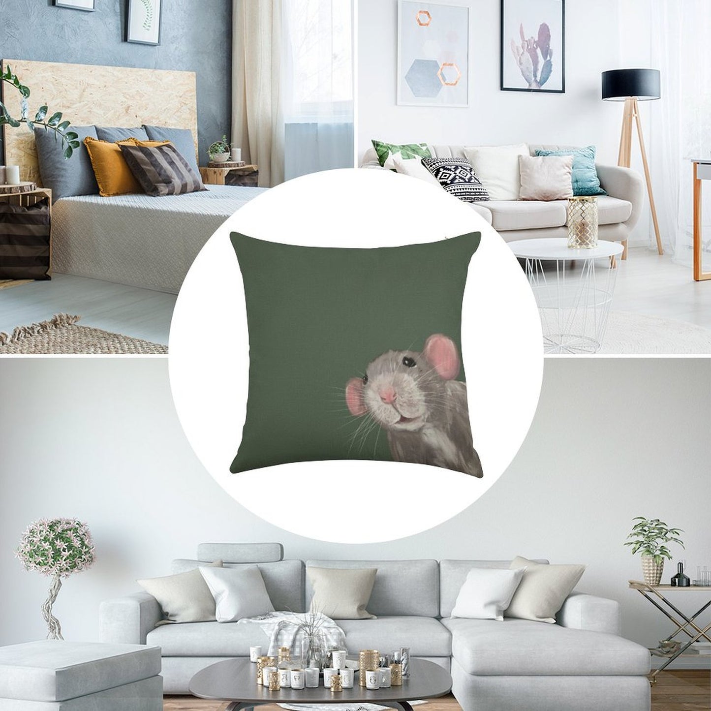 The Peeking Rat (Green) Linen Throw Pillow Cover