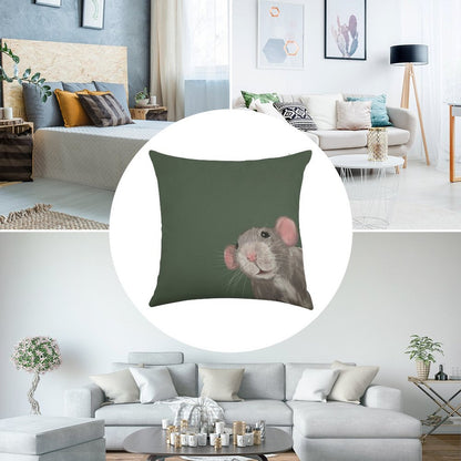 The Peeking Rat (Green) Linen Throw Pillow Cover