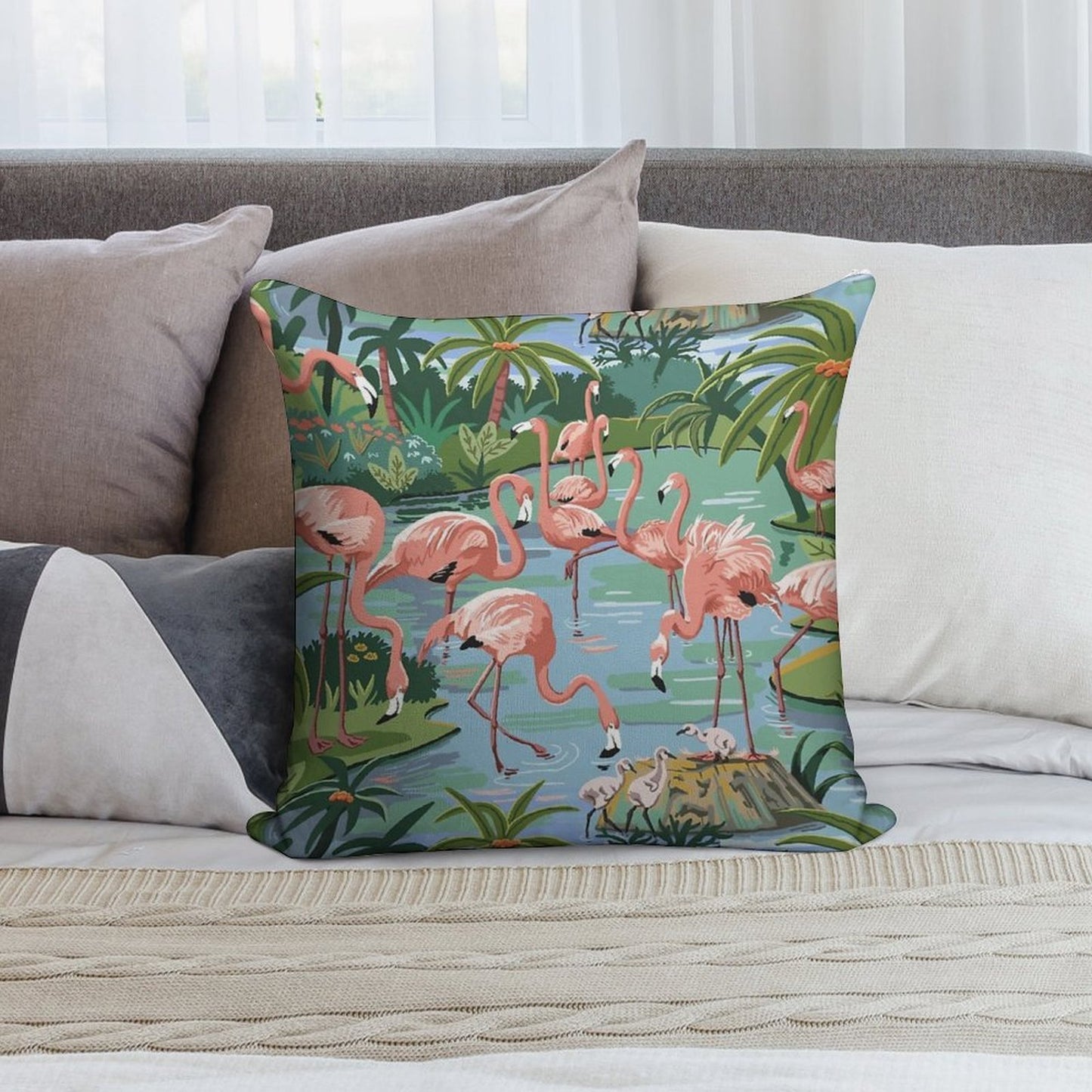 Flamingo Lagoon Vintage Style Paint by Number Soft Anti-Pilling Throw Pillow