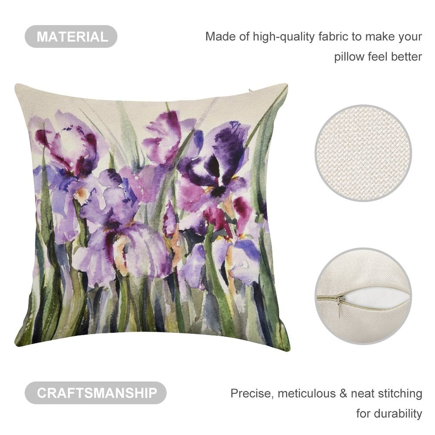 Purple Iris Art Watercolor Linen Throw Pillow Cover
