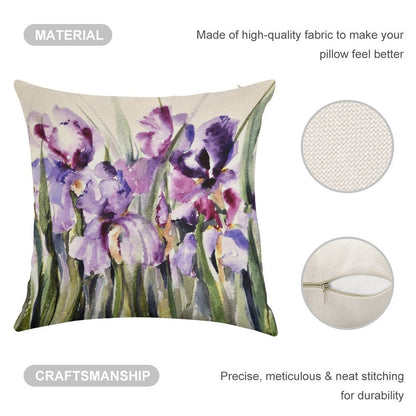 Purple Iris Art Watercolor Linen Throw Pillow Cover