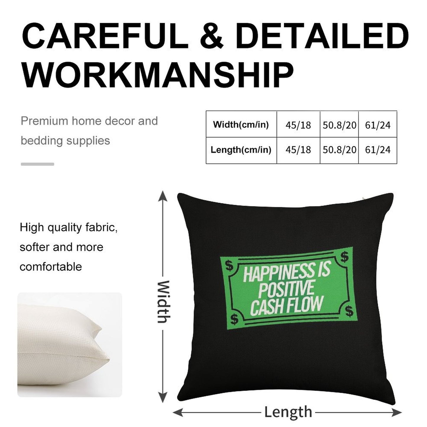 Happiness Is Positive Cash Flow Money Quote Linen Throw Pillow Cover