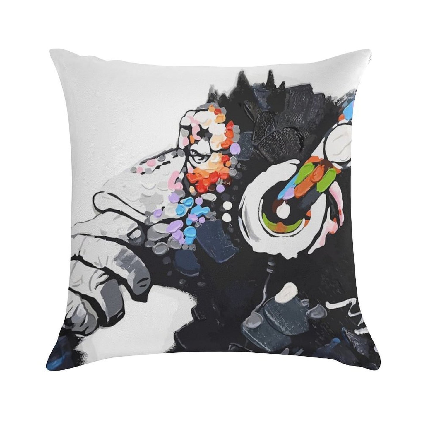Banksy DJ Monkey Thinker with Headphones White Soft Home Decor Throw Pillow