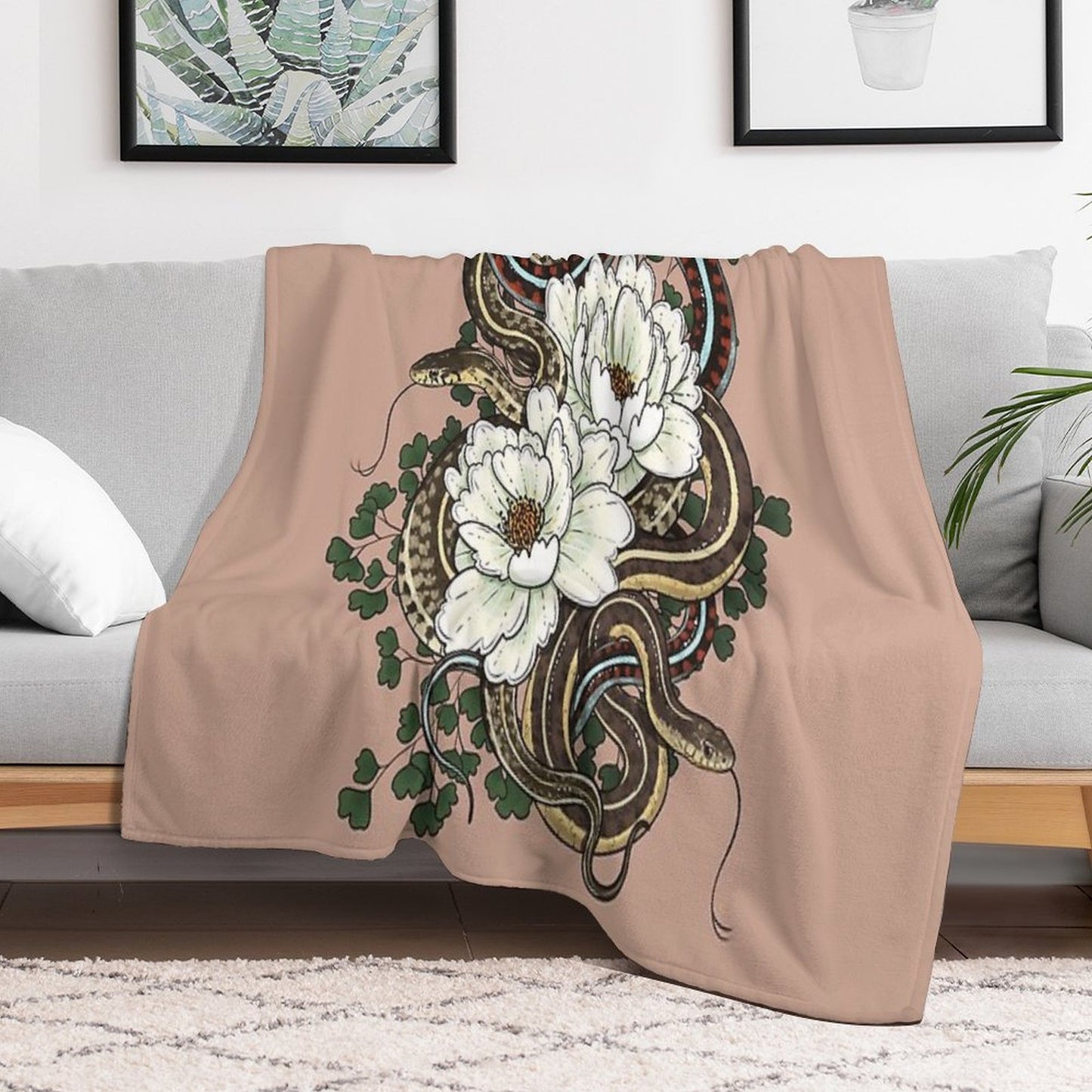 Garter Snakes with White Peonies Throw Blanket
