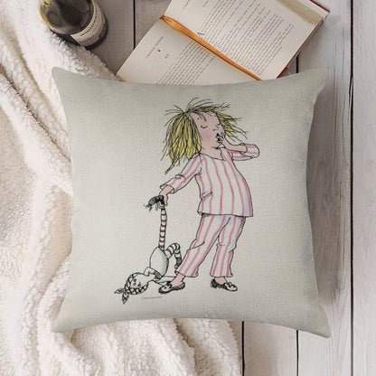 Yawning Eloise in Her Pajamas Linen Throw Pillow Cover