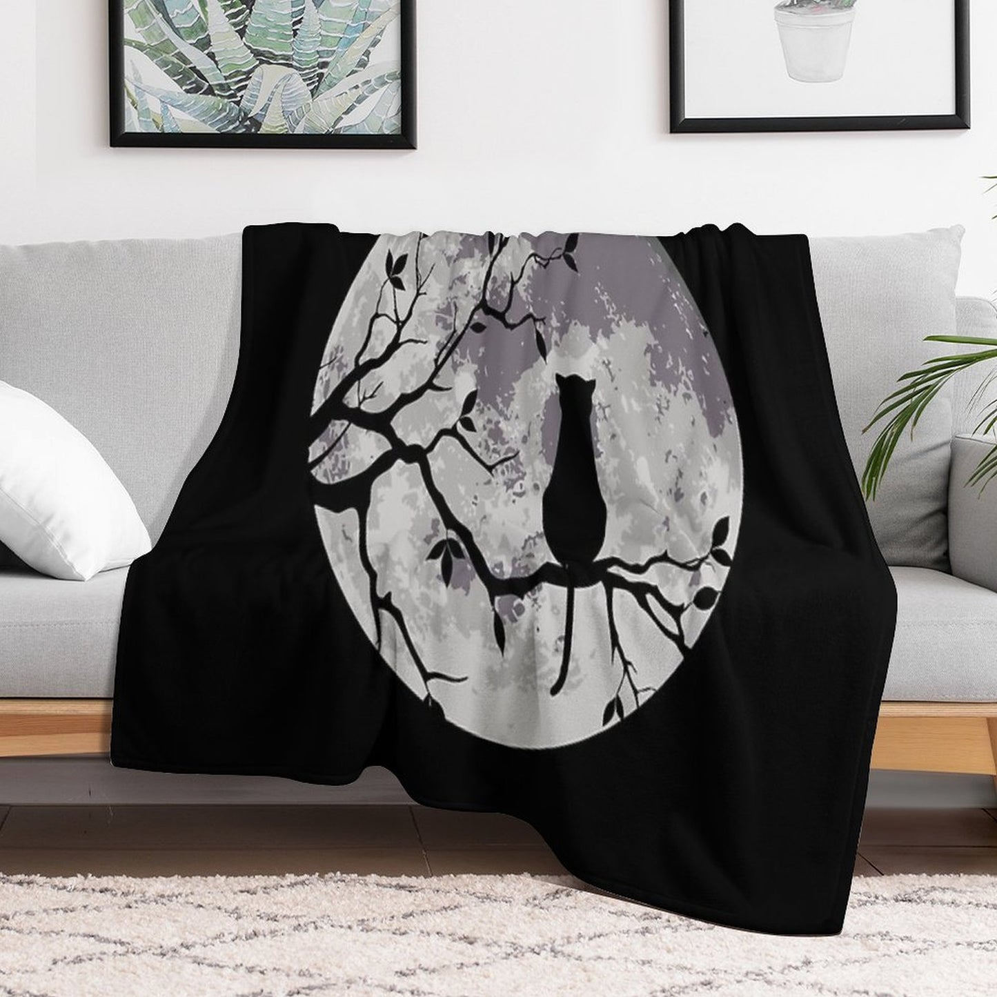 The Cat And The Moon Throw Blanket