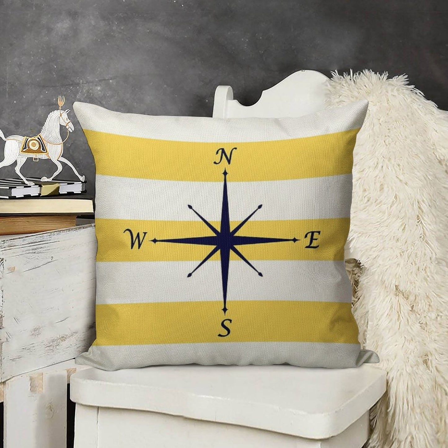 Navy Blue Compass On Mustard Yellow And White Stripes Linen Throw Pillow Cover