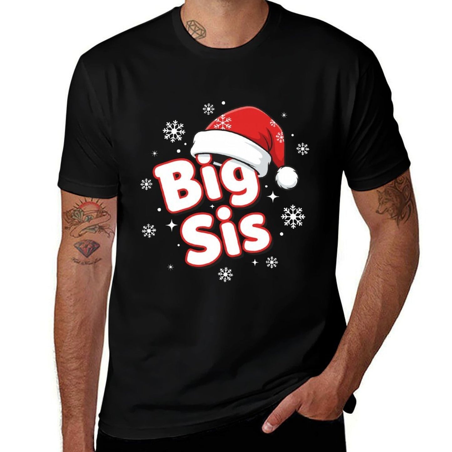 Big Sis Santa Hat Christmas Sister Matching Family Holiday  Summer-ready Fabric T-Shirt