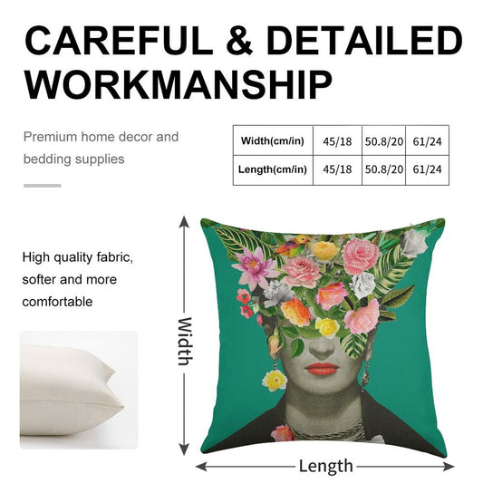 Frida Floral (Green) Linen Throw Pillow Cover