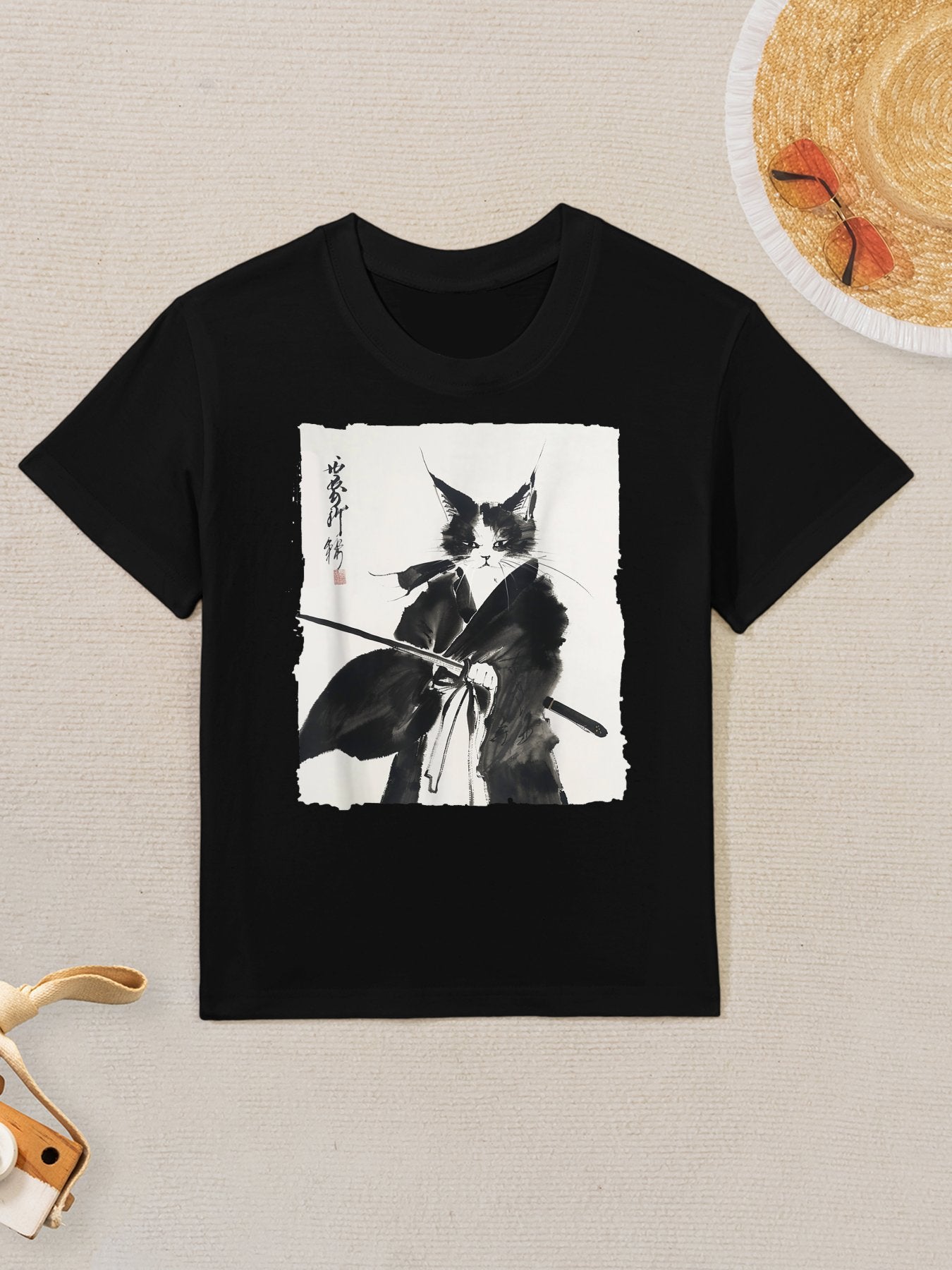 Samurai Cat Vintage Ukiyo-e Warrior Art Graphic Cat Art Kids T-Shirt