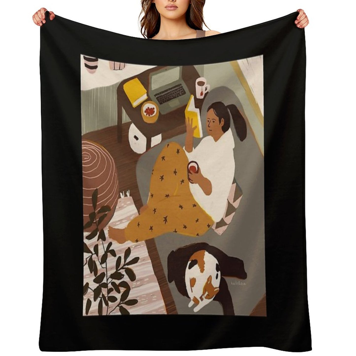 Girl Is Reading A Book at Cozy Home Interior with A Cat Throw Blanket