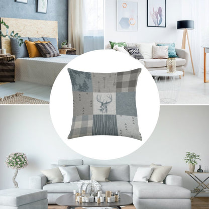 Deer Patchwork - Rustic Blue And Grey Linen Throw Pillow Cover