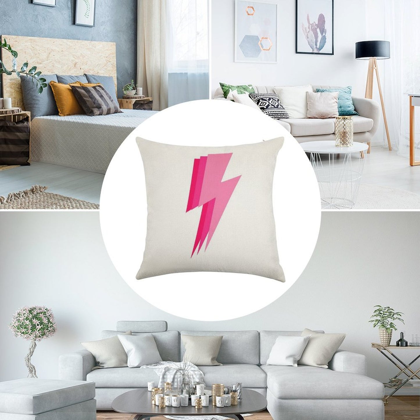 3 Pink Lightning Bolt Linen Throw Pillow Cover
