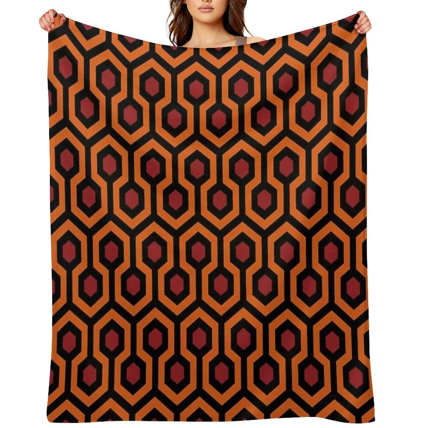 Geometric Pattern Looped Hexagons OrangeRedBlack Throw Blanket