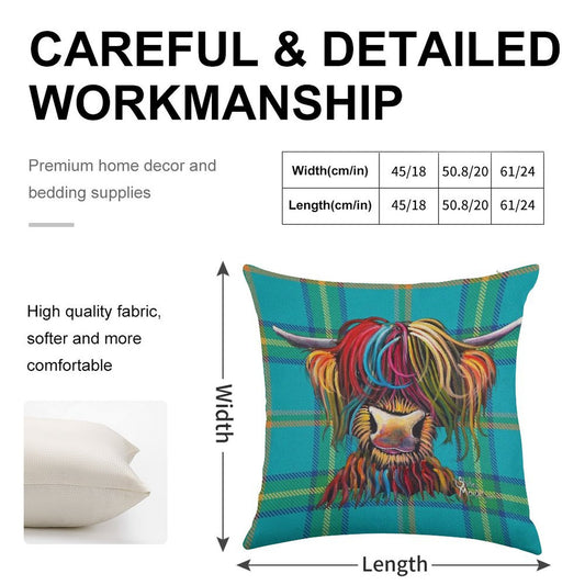 SCoTTiSH HiGHLaND CoW ' TaRTaN NeLLY B ' by SHiRLeY MacARTHuR Linen Throw Pillow Cover