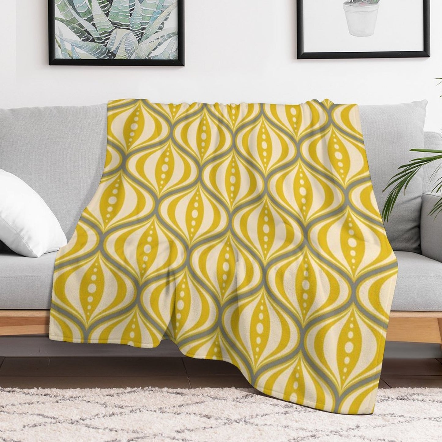 Retro Mid-Century Saucer Pattern in Yellow, Gray, Cream Throw Blanket