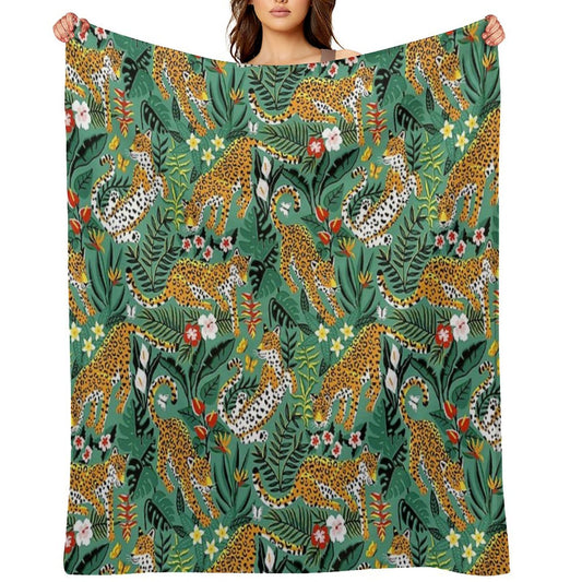 Dancing Jaguar Jungle - Green Throw Blanket