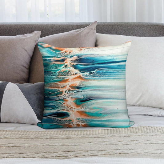 Coral, Blue, Teal, And Grey Ocean Inspired Abstract Fluid Art Soft Ultra-Soft Texture Throw Pillow