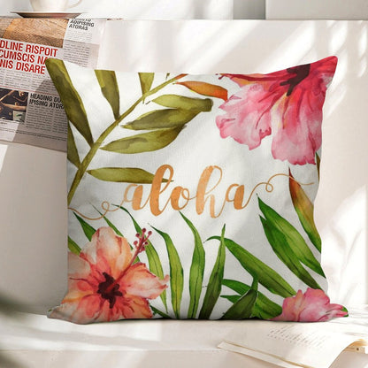 Aloha Tropical Hawaiian Floral Watercolor Linen Throw Pillow Cover