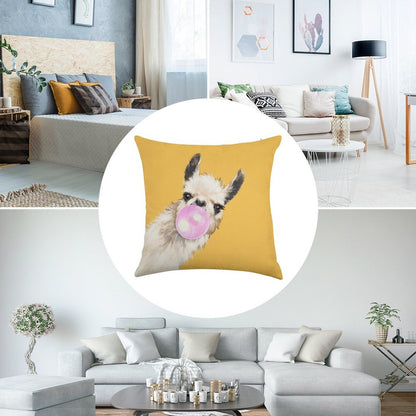 Bubble Gum Sneaky Llama in Mustard Yellow Linen Throw Pillow Cover