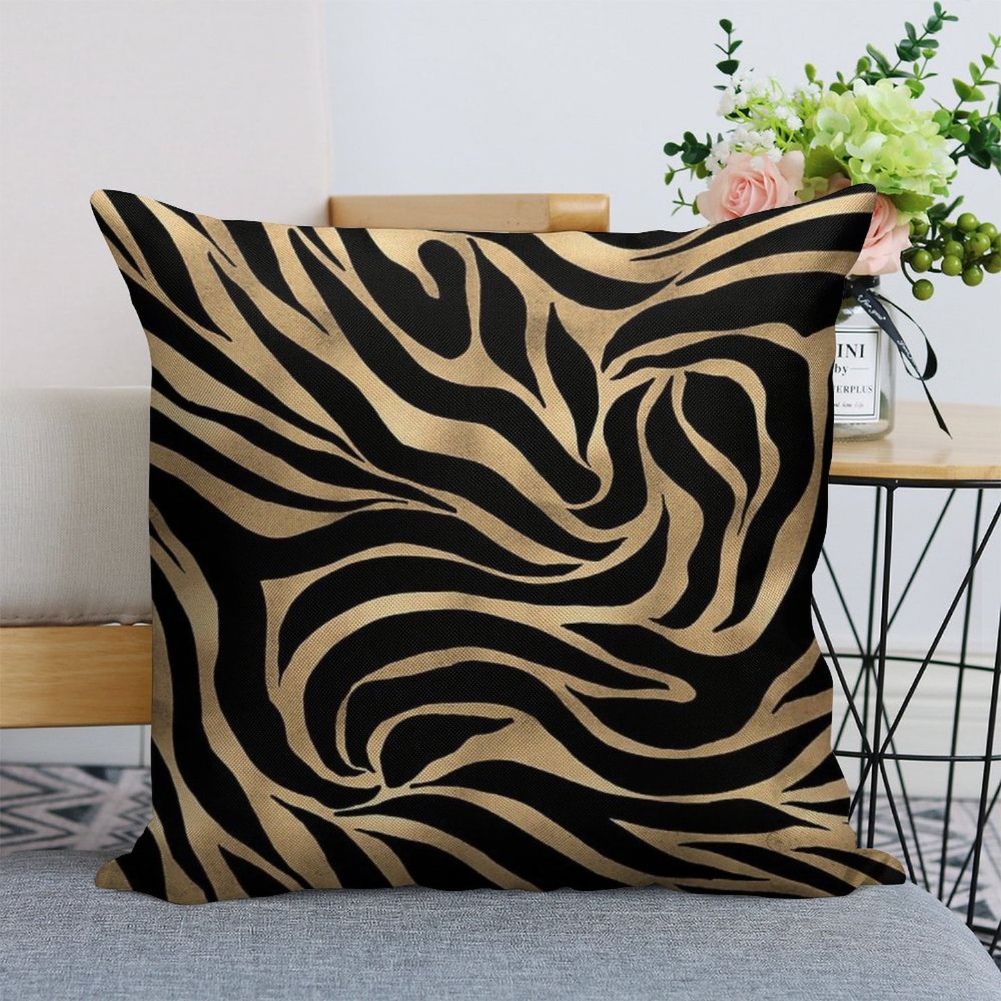 Elegant Metallic Gold Zebra Black Animal Print Linen Throw Pillow Cover