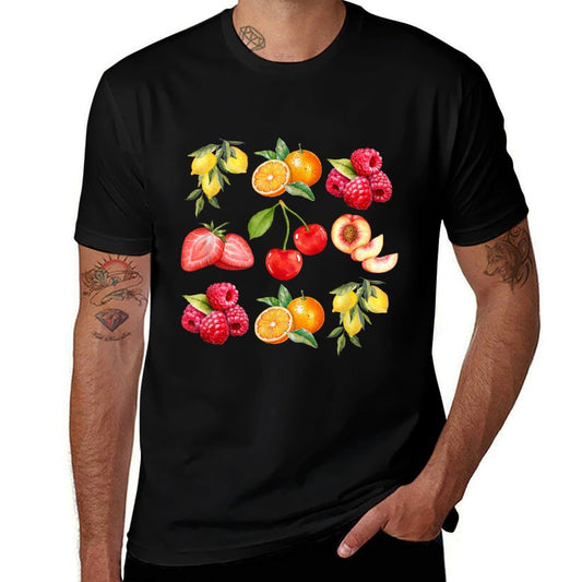 Cottagecore Watercolor Fruit Peaches Cherries Strawberries  Stretchy T-Shirt