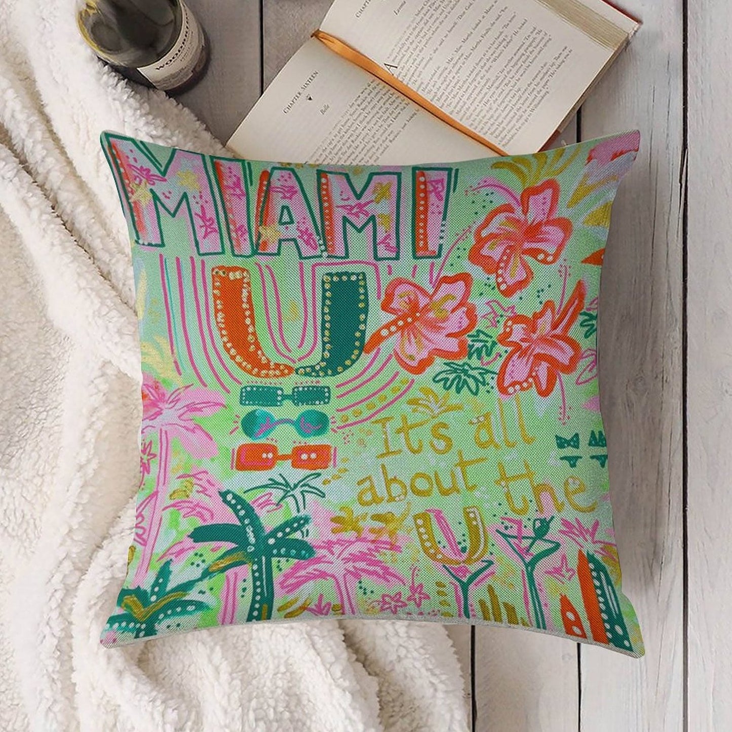 Miami Collage Linen Throw Pillow Cover