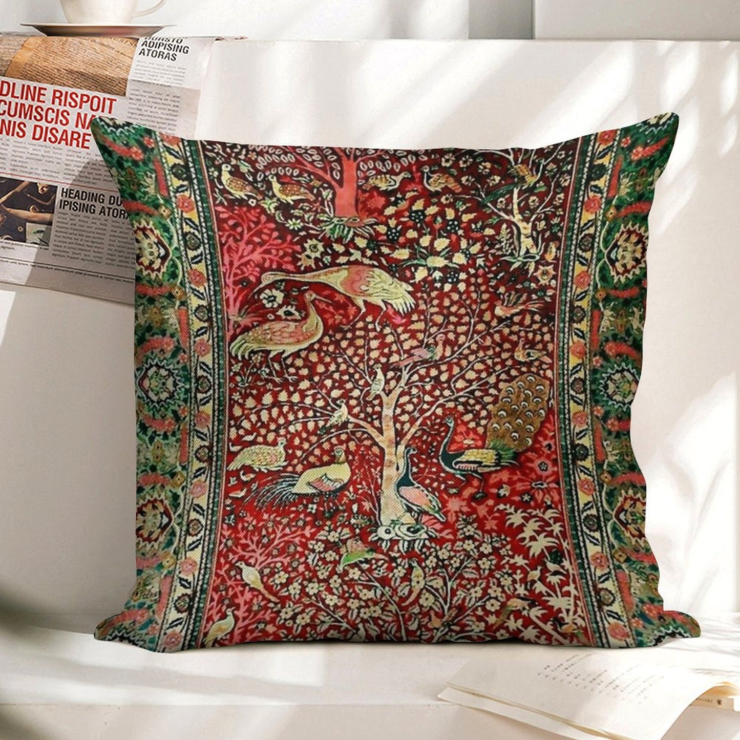 Antique Persian Rug Bird Tree Flowers Ca. 1600 Print Linen Throw Pillow Cover