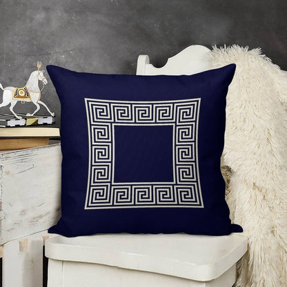 Navy Blue Greek Key Meander Square Linen Throw Pillow Cover