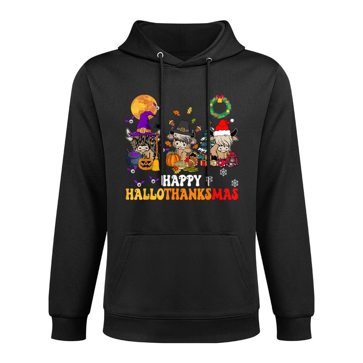Hallothanksmas Highland Cow Halloween Christmas Thanksgiving Shape Retention Hoodie