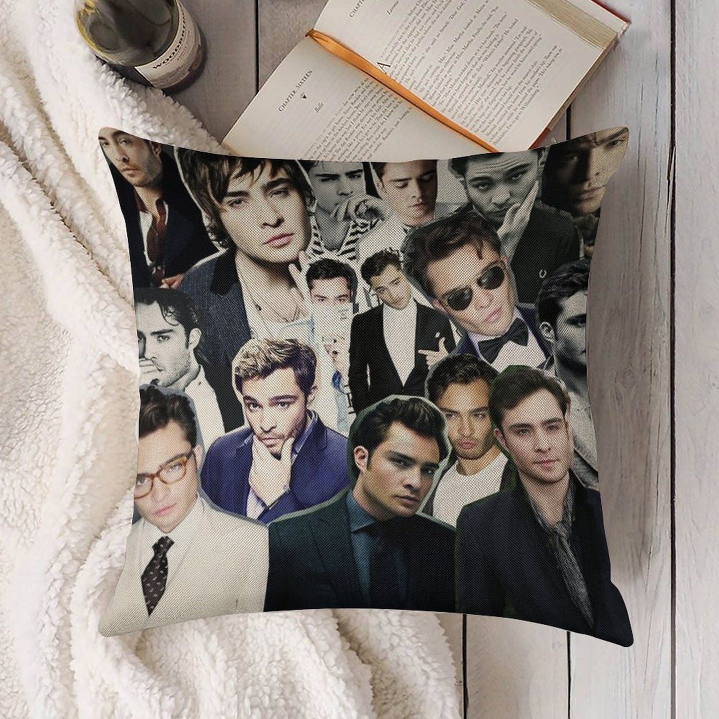 Ed Westwick Collage Linen Throw Pillow Cover