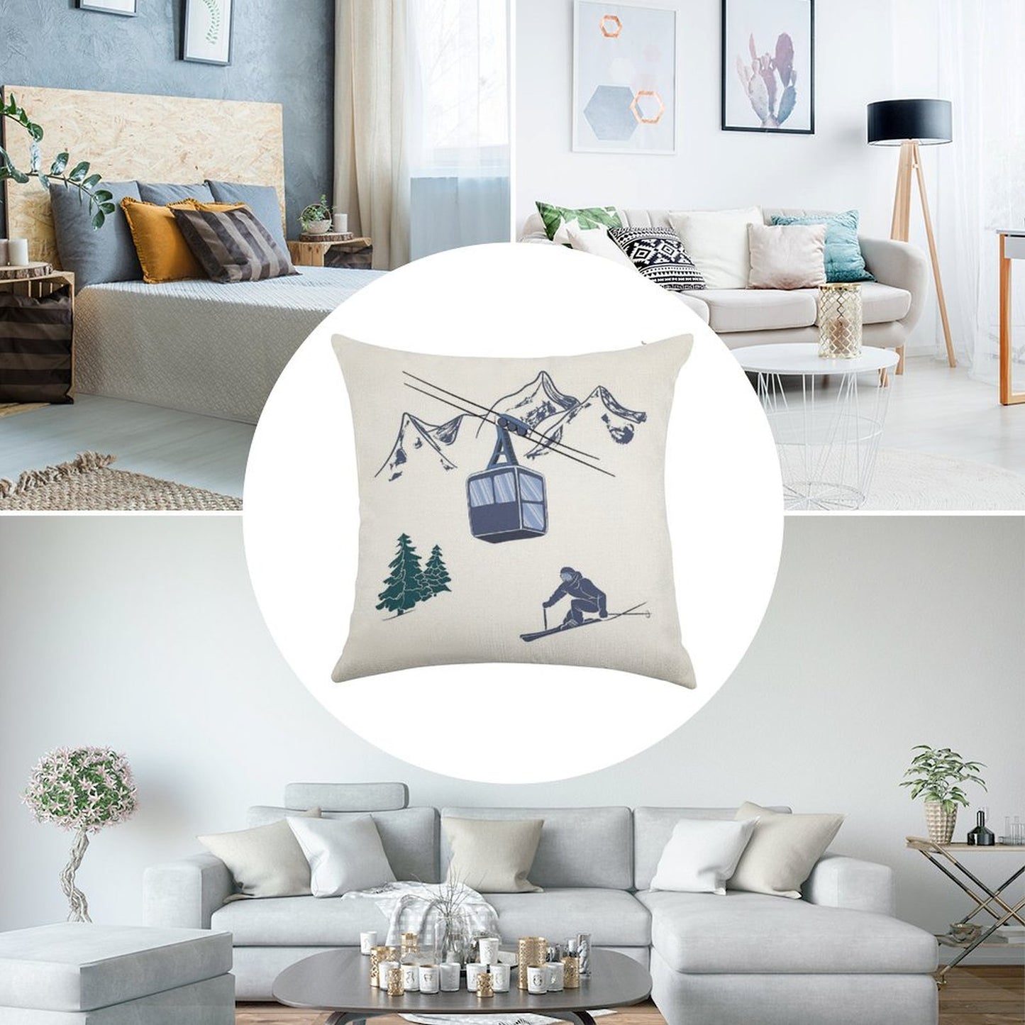 Ski Lift Resort Winter Sports Scene Linen Throw Pillow Cover